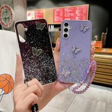 1件星光闪耀千禧钻石蝴蝶+串珠手链手机壳，兼容三星Galaxy S8、苹果17 Pro Max、Note 11 4G、A54、Hot 40i、传音Spark 20、Spark 20C - 黑色 - 查看 3