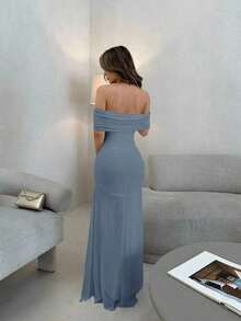 Vestido de mujer con escote ilusión descubierto de hombros y cintura fruncida, elegante para bodas y citas - Azul - Ver 2