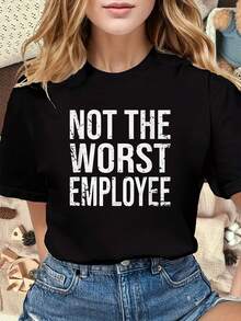 Black Crew Neck Sweatshirt With "Not The Worst Emyee" Text Print, Casual Wear For Work Or Leisure, Crew Neck T-Shirt For Casual Use, Short Sleeve, Lightweight Fabric All Seasons, Casual Short Sleeve T-Shirt, Fashionable, Solid Color, Tailored And Elegant Cut (Cut - 黑色 - 查看 1