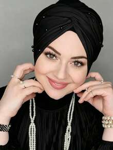 1pc Solid Color Ready-To-Wear Headscarf Hat With Pearl Decor For Women - Pearl-decorated Headscarf - View 3