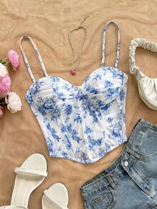 Top de camisola de malla con estampado floral vintage romántico para mujeres, adecuado para vacaciones, citas, té de la tarde, vacaciones, festivales de música, estilo bohemio, primavera/verano - Multicolor 2 - Ver 3