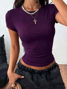 Camiseta de mujer de verano nueva, de corte casual y ajustado, con cuello redondo y manga corta.Blusa de moda apta para uso diario y vacaciones.Camiseta de mujer. - Morado - Ver 3