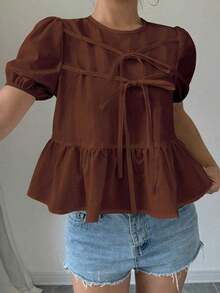 Blusa con volantes y mangas abullonadas con lazo en la parte delantera - Óxido marrón - Ver 4
