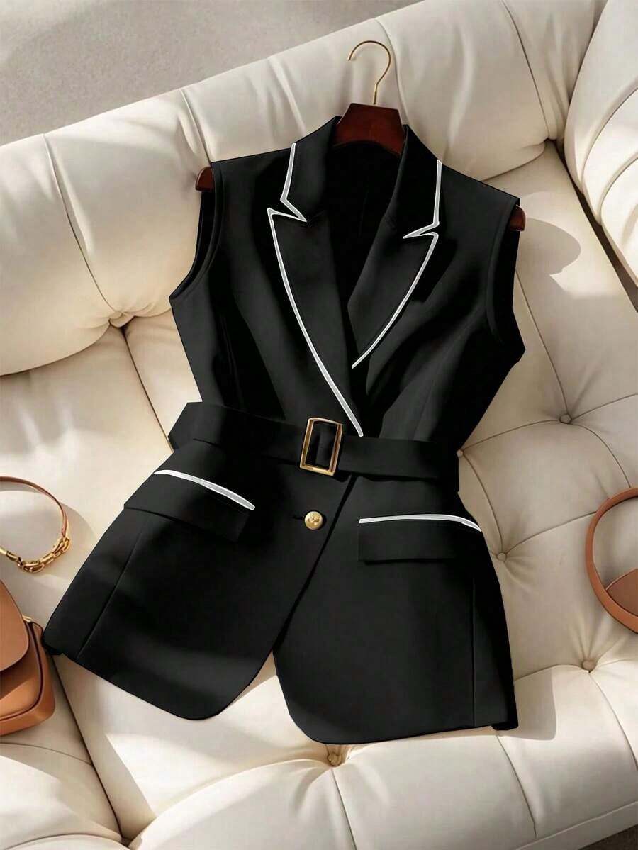Chaleco de mujer con estampado de rayas, cuello pico, hebilla y cinturón, para uso casual u oficina - Negro - Ver 1