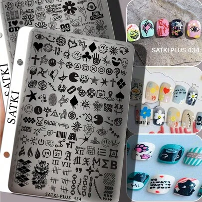 美甲印花板，适合初学者的美甲装饰模板，图案包括黑猫、花卉、雏菊、法式植物美甲。透明硅胶印章，钢制底板美甲工具