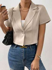 Blazer de mujer de unicolor con un solo botón y manga corta, para uso casual en verano - Albaricoque 2 - Ver 6