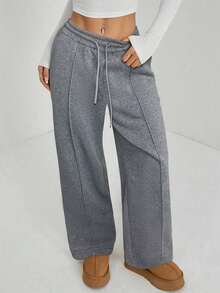 Pantalón de chándal de pierna recta con detalle de guijarro para mujer, mezcla de algodón cómoda - Gris - Ver 3