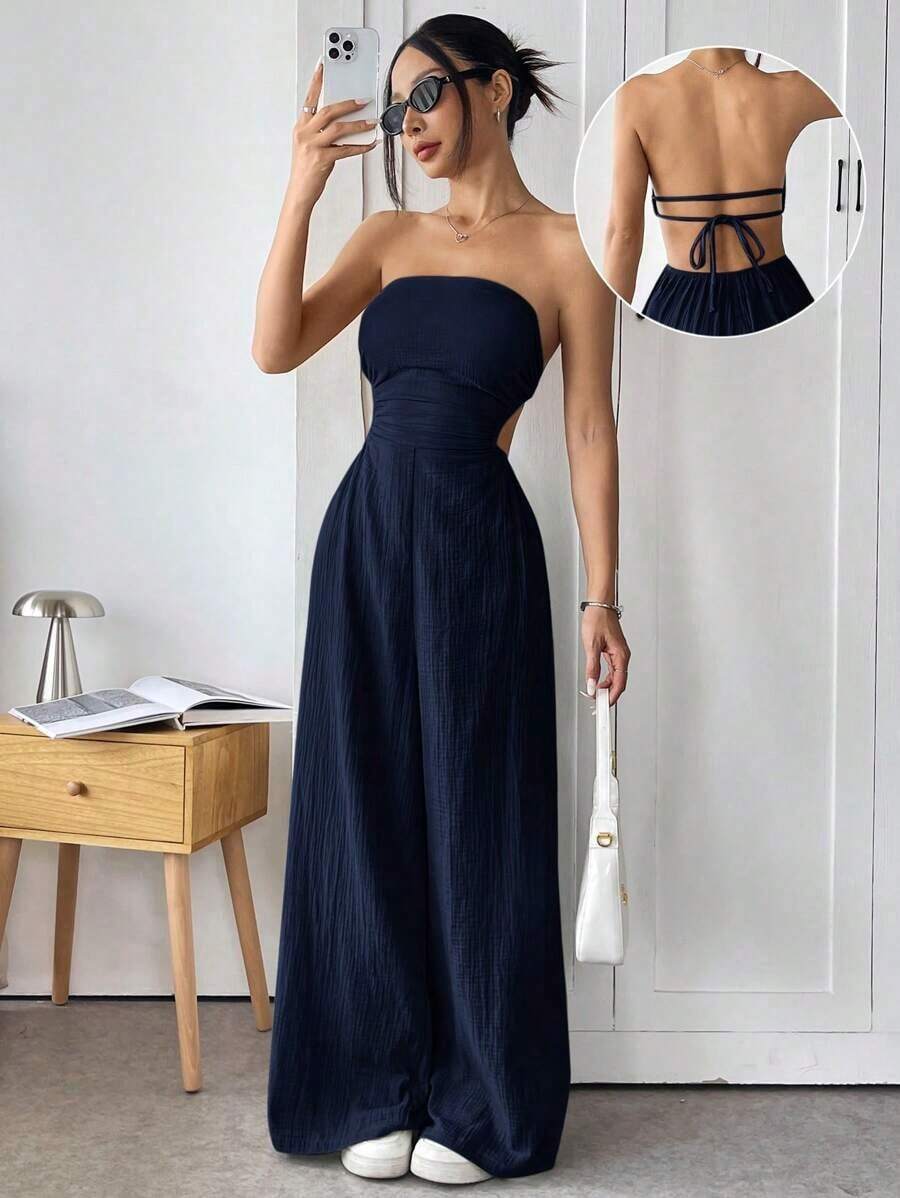 Mono de pierna ancha informal de mujer de talla grande, de algodón, con tirantes finos y espalda descubierta, para verano - Azul marino - Ver 1