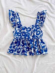 Blusa de corte de línea A con cuello cuadrado, manga corta y estampado retro azul y blanco, adecuada para fiestas, citas, el Día de San Valentín, el té de la tarde - Azul y blanco 3 - Ver 5