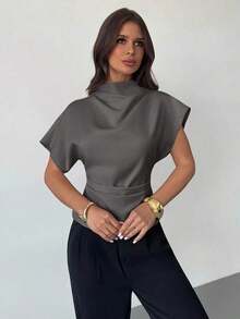 Blusa de bambú y lino con cuello arrugado, mangas asimétricas, plisado lateral y cintura ceñida, para uso diario, color albaricoque, para todas las estaciones - Gris - Ver 4