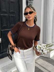 Camiseta casual de mujer de cuello redondo de manga corta a rayas, camiseta a rayas de estilo retro francés de color café, top de manga corta de cuello redondo estilizador y versátil, camiseta básica casual suave y pegajosa, top a rayas, pri - Marrón 2 - Ver 7
