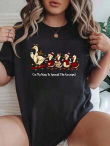 100% Cotton T-Shirt With Biblical Print "Christian Goose Walking By Faith, Constantly Stumbling", Women's Graphic T-Shirt, Casual Short Sleeve T-Shirt, Summer T-Shirt For Women - 黑色 10 - 查看 6