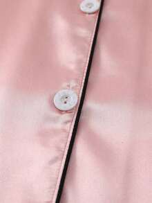 Conjunto de pijama de 2 piezas con camisa de manga corta con solapa y pantalones cortos con moño, ropa de dormir para mujer, conjunto de dos piezas - Rosa - Ver 4