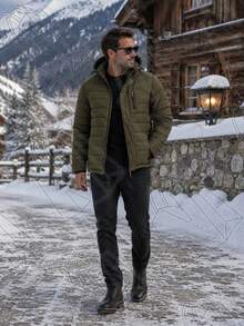 Men's Thermal And Lined Nylon Jacket With Removable Hood - Army Green - View 4