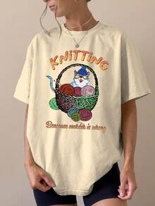 Women's Casual Knit T-Shirt Featuring A Cute Cat And Yarn Basket Design - Perfect For Animal Lovers, Suitable For Everyday Wear And As A Gift. | Fun Prints | Comfortable And Well-Fitting, A Pretty T-Shirt. 2YUK - 杏色 - 查看 6