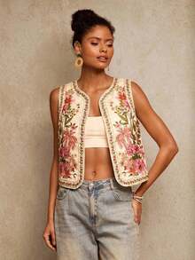 Chaleco ligero de mujer con bordado floral y de loro, chaleco bohemio, chaleco floral, estilo casual de mujer, atuendo para salir, atuendos elegantes, estilo campestre para mujer, atuendos casuales, chaleco elegante - Multicolor 2 - Ver 4