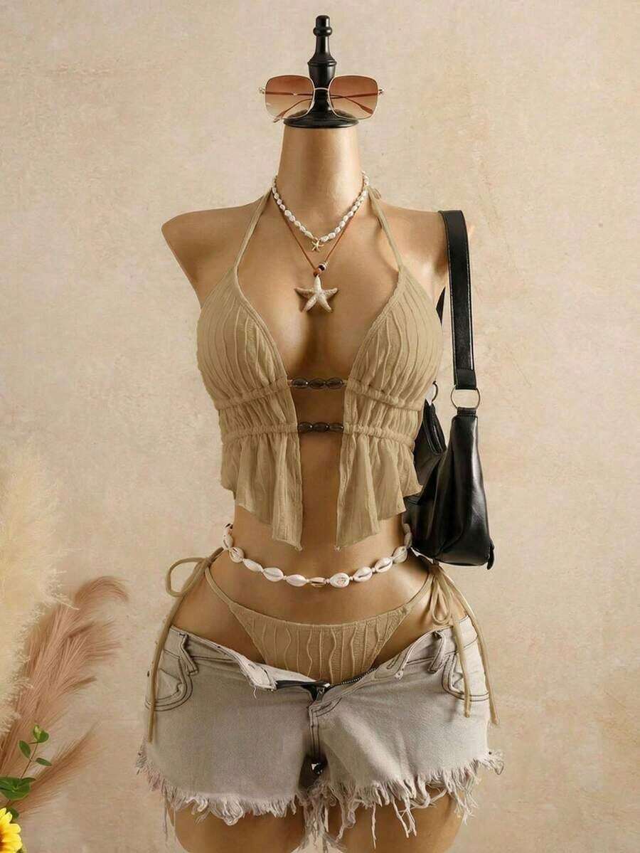 Bellisia Top de bikini de mujer de punto texturizado marrón con cuentas y piedras - Albaricoque - Ver 1