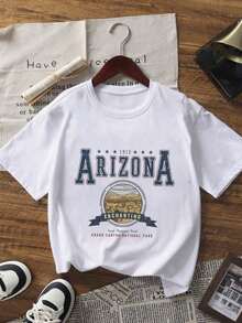 1 pieza Camiseta de mujer de moda de verano de cuello redondo y manga corta, estilo universitario "1912 Atracciones de Arizona: Parque Nacional Tonto, Parque Nacional del Gran Cañón" con estampado de letras y gráficos en inglés, adecuada para la oficina, salidas, uso diario, citas, fiestas, reuniones, calles, carnavales, festivales de música, San Valentín y ocasiones casuales - Blanco - Ver 4