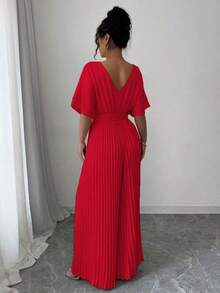 Mono de mujer elegante con cuello en V profundo, mangas tipo murciélago y plisados, de unicolor - Rojo - Ver 2