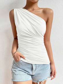 Top corto de mujer de unicolor con pliegues y sin mangas, de moda - Blanco - Ver 4