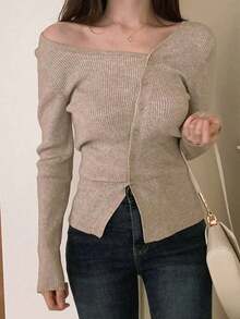 Blusa casual de mujer de punto acanalado con botones y manga corta - Marrón Mocha 2 - Ver 7