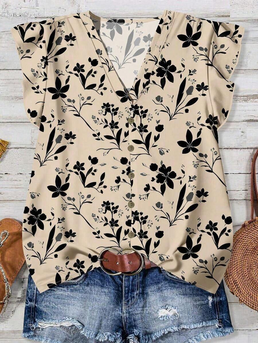Camisa de mujer casual y minimalista con estampado botánico, adecuada para el verano - Multicolor 4 - Ver 1