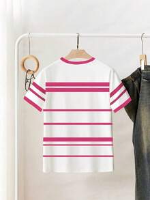 Camiseta casual de mujer con estampado de oso a rayas, verano - Rosa - Ver 2