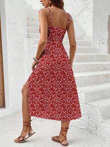 Vestido casual de media longitud con abertura alta y estampado floral ditsy para vacaciones de mujer, ropa de verano para mujer, conjunto de vacaciones para mujer - Multicolor - Ver 2