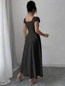 Vestido elegante de manga raglán y cuello cuadrado con detalle cruzado en el busto, de unicolor para mujeres - Negro - Ver 2