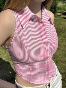Camisa sin mangas de mujer de rayas tejida, azul - Rosa - Ver 7