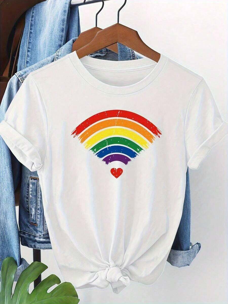 Women's Short-Sleeved T-Shirt. Women's Summer Outfits: 1 Piece Of Women's Summer Clothing, Black Short-Sleeved T-Shirt With Rainbow Heart Print, Casual Round Neck Top, Machine Washable, Suitable For Spring And Autumn, Breathable And Does Not Deform Easily, A New Fashion Item For Summer And A Gift For The Holidays. - 白色 - 查看 1