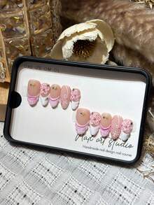 10pcs Set Handmade Almond Shaped Nail Art Stickers, Delicate Nude Color French Manicure With Floral Engraving Design, Removable & Reusable Fake Nails - Multicolor - View 3