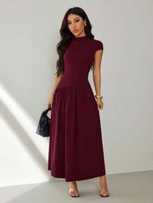 Vestido casual largo plisado de manga abullonada y cuello alto en unicolor para mujer, de verano - Rojo violeta - Ver 9