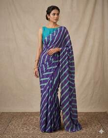 Estationeryhouse Chiffon Printed Saree With Single Stripe, Blosue Not Included - 藍色/綠松石藍 - 查看 2