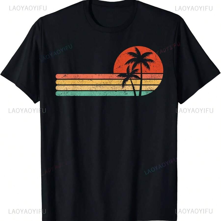 Camiseta de estilo Retro Tropical Vintage Sunset Beach Palm Tree, ropa de calle informal de moda, camiseta holgada de Hip Hop para hombre, camisetas Harajuku - forma - Ver 1