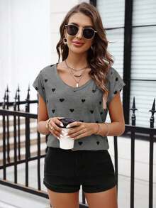 Camiseta sencilla con estampado de corazón de moda para mujer, para uso diario casual en verano - Gris - Ver 5