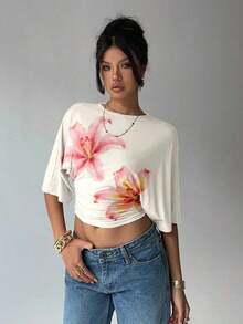 Blusa de verano para mujer con diseño de manga murciélago, cuello redondo, fruncido y estampado floral de tinte de agua en tonos cálidos, ideal para playa/vacaciones, un look casual, minimalista y elegante - Multicolor - Ver 6