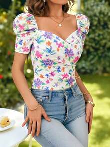 Blusa de mujer casual y elegante con estampado floral romántico y cuello en V, manga abullonada, para primavera/verano.Blusa floral de verano, blusa de primavera, blusa de manga abullonada, blusa floral, Blusa floral francesa suave del verano 2026 con cuello de corazón, manga abullonada y ajuste ceñido, blusa de manga corta linda para vacaciones, camisa delgada versátil para uso diario - Multicolor - Ver 3