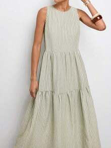 Vestido casual de vacaciones con diseño de volantes escalonados en verde jade, vestido cómodo con cuello redondo, división horizontal, parches y fruncidos, atuendo bohemio de playa, elegante vestido de estilo occidental para vacaciones de muje - Verde 2 - Ver 5