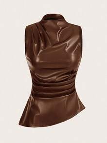 Camiseta ajustada con pliegues y estampado a cuadros para mujer, adecuada para uso diario, trabajo y viajes en verano - Marrón Chocolate - Ver 5