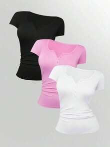 3 piezas Camisetas de manga corta casuales y versátiles de unicolor con pliegues para mujer - Multicolor 9 - Ver 7