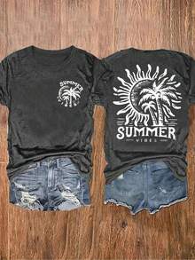 Round Neck T-Shirt With Letter Print, Beach And Sun, Casual Short Sleeve Top For Women, Women's Clothing - Breathable And Skin-Friendly - 深灰色 - 查看 12