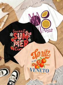 piezas Nuevas Prenda individual, no un conjunto de 3 piezas, 1 piezas/set de camisetas de manga suitable for streetwear, Top oversized cuello redondo daily outings, camping, concerts, hip-hop, rock, and rap events camisetas de verano de manga corta con cuello redondo, de estilo casual y minimalista con estampado de frutas, para mujeres - Blanco - Ver 1