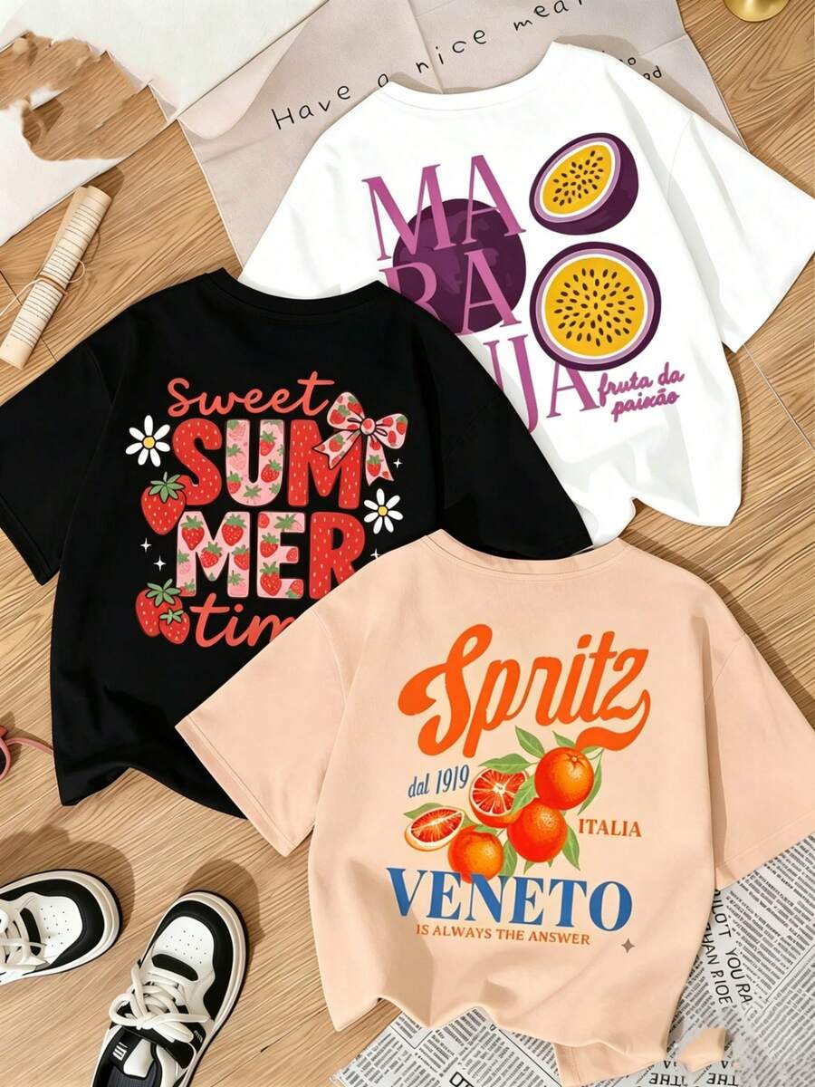 piezas Nuevas Prenda individual, no un conjunto de 3 piezas, 1 piezas/set de camisetas de manga suitable for streetwear, Top oversized cuello redondo daily outings, camping, concerts, hip-hop, rock, and rap events camisetas de verano de manga corta con cuello redondo, de estilo casual y minimalista con estampado de frutas, para mujeres - Blanco - Ver 1