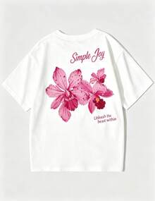 Set Of Short-Sleeved T-Shirts. Single Garment, Not A 3-Piece Set. 1 Piece/Set Of Short-Sleeved T-Shirts Suitable For Streetwear. Oversized Round Neck Top For Daily Outings, Camping, Concerts, Hip-Hop, Rock, And Rap Events. Short-Sleeved T-Shirt With Round Neck And Minimalist And Modern Floral Print. Versatile For Everyday And Casual Wear For Women. - 白色 - 查看 2