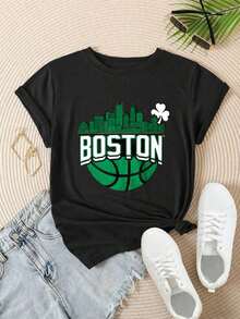 Camiseta Casual de Moda para Mujer con Diseño de Trébol de Baloncesto Boston Skyline, Adecuada para Todas las Temporadas  
 Negro - Negro - Ver 2