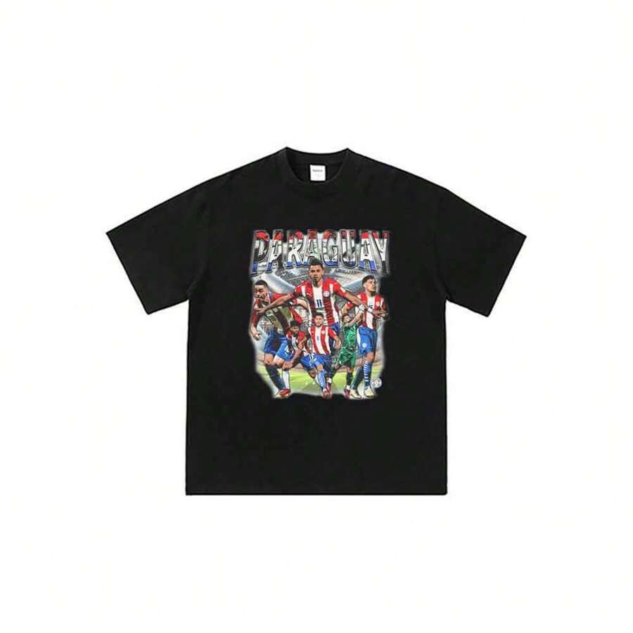 Camiseta unisex de manga corta, corte holgado, con estampado de dibujos animados de anime de la selección nacional de Paraguay, estilo vintage de los 90. - Negro - Ver 1