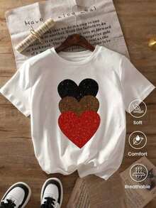 Camiseta de Mujer con Diseño de Corazones Apilados Brillantes en Blanco, Negro, Marrón y Rojo, Manga Corta, Cuello Redondo, Algodón, Ligera y Transpirable, Ideal para el Verano, Perfecta para Uso Diario, Primavera y Estilo Casual Romántico, Transpirable y Cómoda. - Blanco - Ver 10