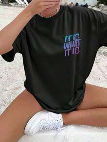 Gift Women's Blouses [Double-Sided Print] Women's Summer Casual Loose Fit Top With Gradient Graffiti Lettering 'IT IS WHAT' Print, Round Neck, Short Sleeve, Drop Shoulder, Oversized T-Shirt [1] Gym Y2k Round Neck 100% Cotton Soft Fabric Short Sleeve - 黑色 - 查看 3