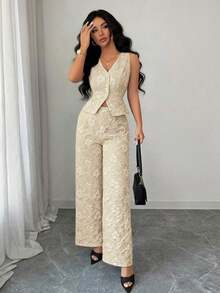 Conjunto de 2 piezas de chaleco y pantalones azules, con estampado de margaritas africanas, jacquard en relieve, elegante y casual para uso diario y de oficina, para mujer - Caqui - Ver 6